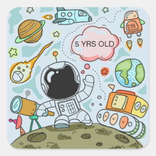 Astronaut op de maan met ruimteschip en asteroïde vierkante sticker