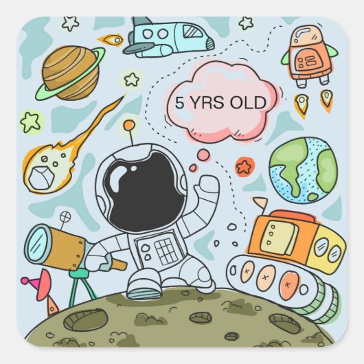 Astronaut op de maan met ruimteschip en asteroïde vierkante sticker (Voorkant)