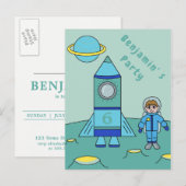 Astronaut op de maan ruimte verjaardagsfeestje uit uitnodiging briefkaart (Voorkant / Achterkant)