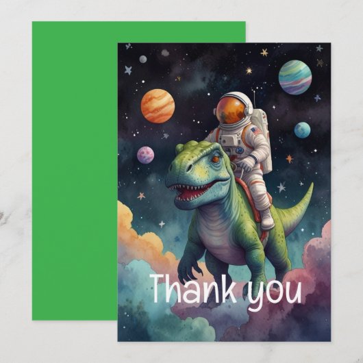 Astronaut op dino in de ruimte bedankkaart (Voorkant / Achterkant)