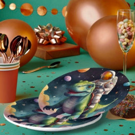 Astronaut op dino in de ruimte papieren bordje