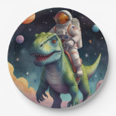 Astronaut op dino in de ruimte papieren bordje (Voorkant)