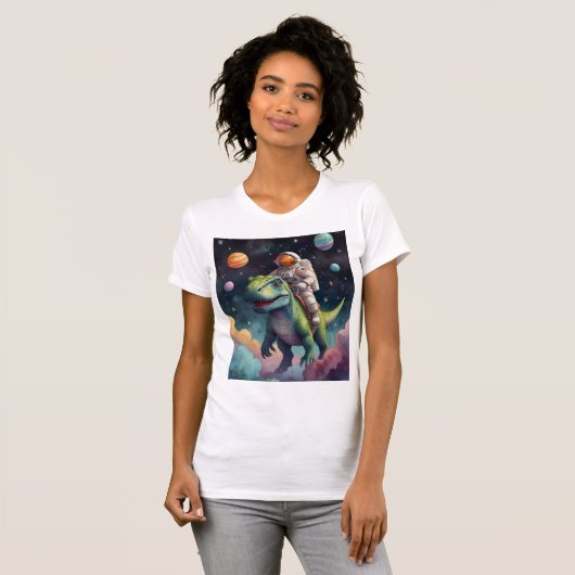 Astronaut op Dino in de ruimte T-shirt (Voorkant volledig)