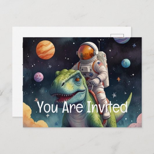 Astronaut op dino in de ruimte uitnodiging briefkaart (Voorkant / Achterkant)