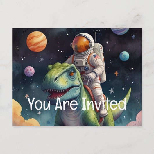 Astronaut op dino in de ruimte uitnodiging briefkaart (Voorkant)