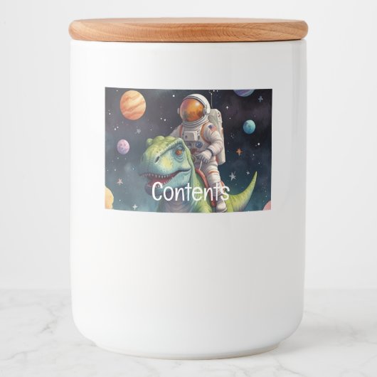 Astronaut op dino in de ruimte voedselcontainer etiket (Voorkant)