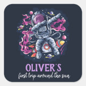 Astronaut op een ruimteraket met sterren en planet vierkante sticker (Voorkant)