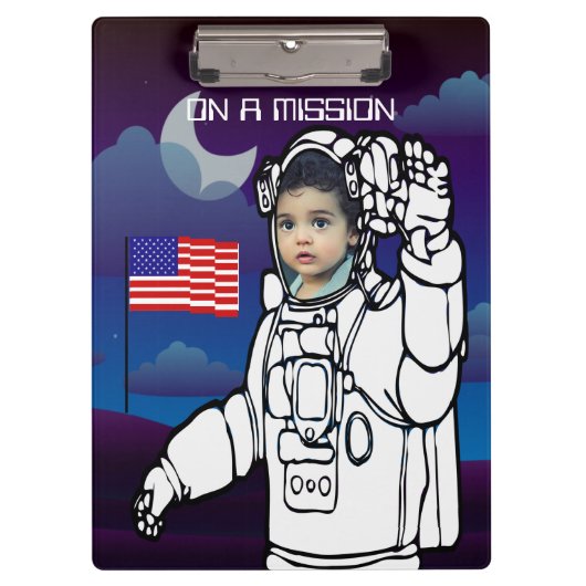 astronaut op maan buitenruimte jongen verjaardag klembord (Voorkant)