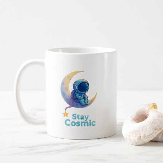 Astronaut op Maan Mok – Blijf Kosmisch Ruimtecadea (Met donut)
