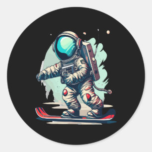 Astronaut op snowboard grappige astronaut skiën op ronde sticker