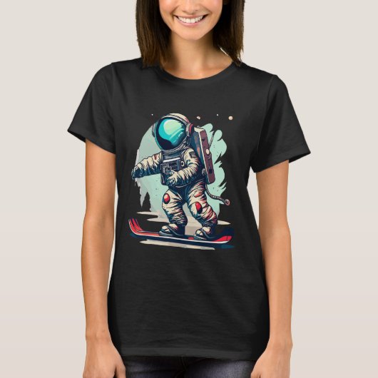 Astronaut op snowboard grappige astronaut skiën op t-shirt (Voorkant)
