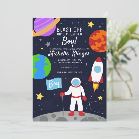 Astronaut Outer Space Baby shower Save The Date (Staand voorkant)