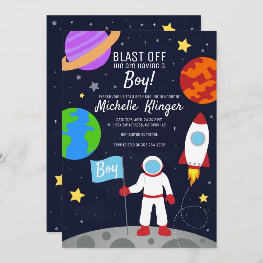Astronaut Outer Space Baby shower Save The Date (Voorkant / Achterkant)