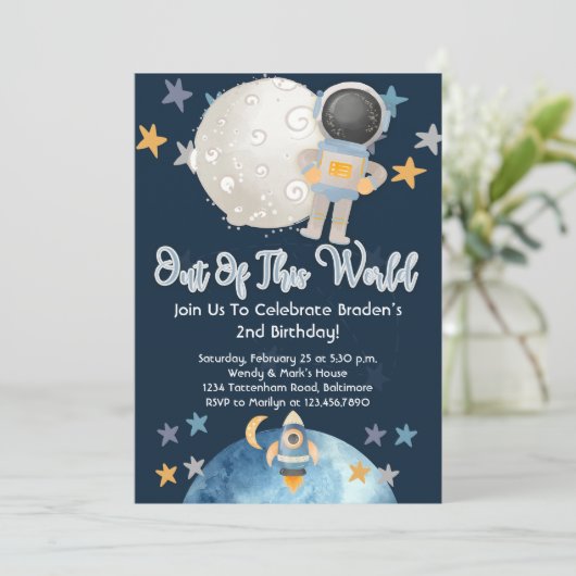 Astronaut Outer Space Birthday Invitation Blue Boy Kaart (Staand voorkant)