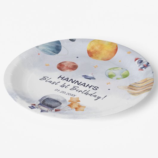 Astronaut Outer Space Boy 1e Verjaardagsfeest Papieren Bordje (Gekanteld)