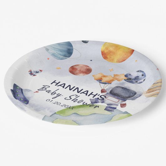 Astronaut Outer Space Boy Baby shower Party Papieren Bordje (Gekanteld)