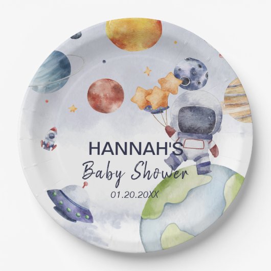 Astronaut Outer Space Boy Baby shower Party Papieren Bordje (Voorkant)