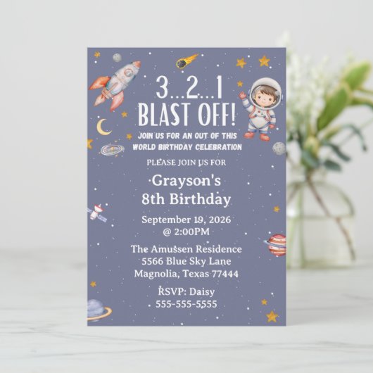 Astronaut Outer Space Boy Birthday Invitation Kaart (Staand voorkant)