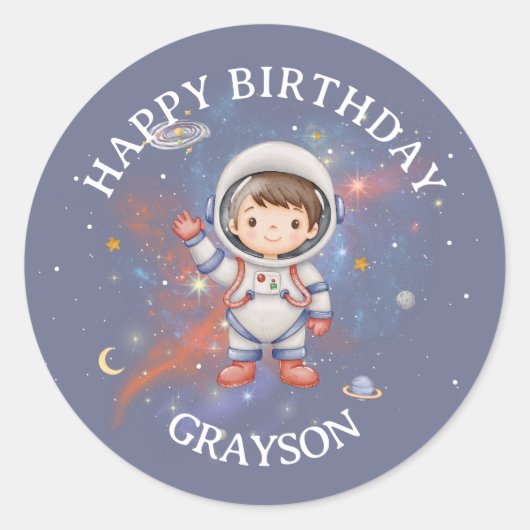 Astronaut Outer Space Boy Birthday Ronde Sticker (Voorkant)