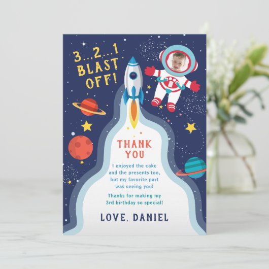 Astronaut Outer Space Boy Foto Birthday Bedankkaart (Staand voorkant)