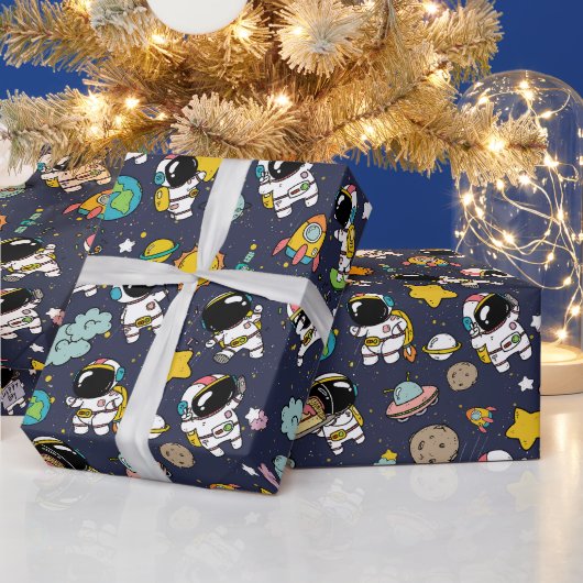 Astronaut Outer Space Cartoon Cadeaupapier (Feestdagen)