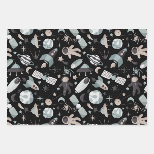 Astronaut Outer Space Explorer Koel Blauw Patroon Inpakpapier Vel (Voorkant 2)