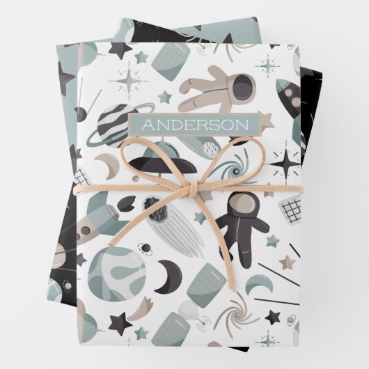 Astronaut Outer Space Explorer Koel Blauw Patroon Inpakpapier Vel (In situ)