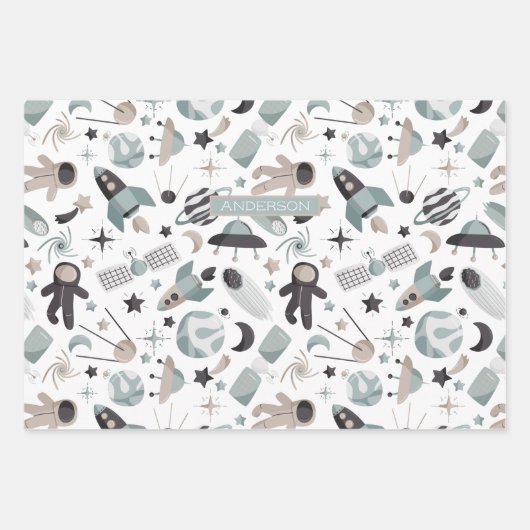 Astronaut Outer Space Explorer Koel Blauw Patroon Inpakpapier Vel (Voorkant)