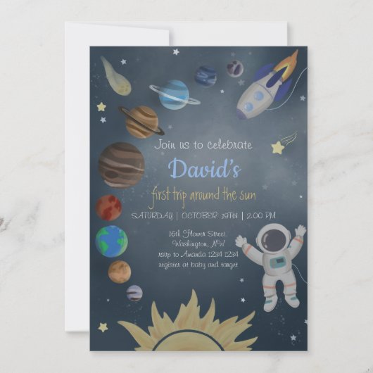 Astronaut Outer Space Planets Birthday Invitation Kaart (Voorkant)