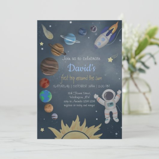 Astronaut Outer Space Planets Birthday Invitation Kaart (Staand voorkant)