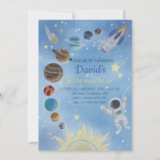 Astronaut Outer Space Planets Birthday Invitation Kaart (Voorkant)