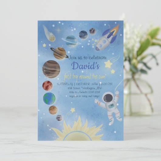 Astronaut Outer Space Planets Birthday Invitation Kaart (Staand voorkant)