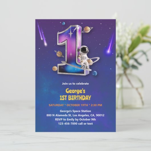 Astronaut Outer Space Thema Jongen 1e verjaardag Kaart (Staand voorkant)