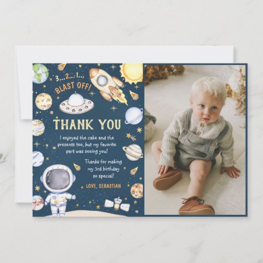 Astronaut Outer Space verjaardagsfeestje foto Bedankkaart (Voorkant)