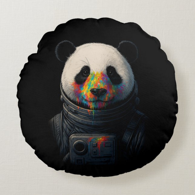 Astronaut Panda with Neon Paint Splash  Rond Kussen (Voorkant)