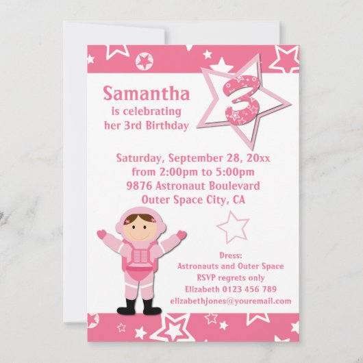 Astronaut Pink Stars 3e verjaardag Kaart (Voorkant)