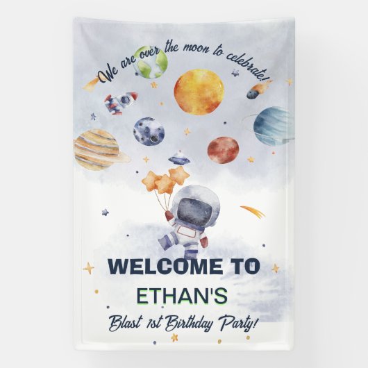 Astronaut Planet Space Party Kinderen Verjaardag Spandoek (Verticaal)