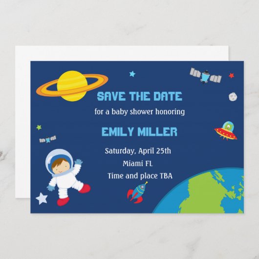 Astronaut Planets Baby shower Save the Date (Voorkant / Achterkant)