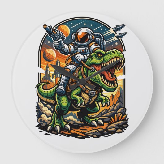 Astronaut Riding a T-Rex – Epic Space Dinosaur Grote Klok (Voorkant)