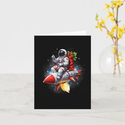 Astronaut Riding Rocket Planets Funny Christmas Ki Kaart (Gele Bloem)