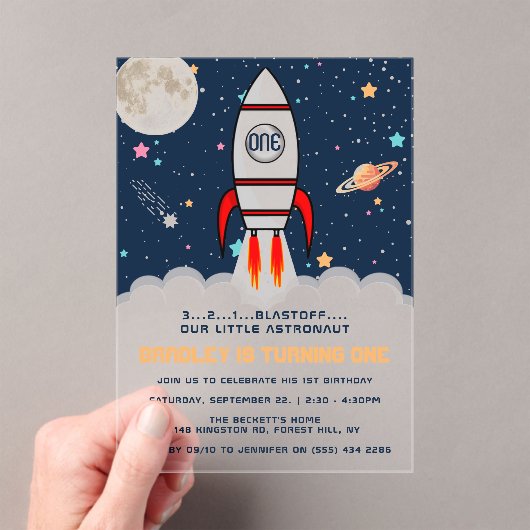 Astronaut Rocket Buitenruimte 1ste verjaardag Acryl Uitnodigingen (Insitu (Draagbaar))