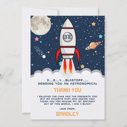 Astronaut Rocket Buitenruimte 1ste verjaardag Bedankkaart (Voorkant)