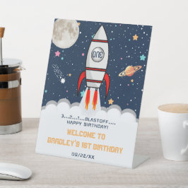 Astronaut Rocket Buitenspace 1st verjaardag Welkom Reclamebord Met Voetstuk