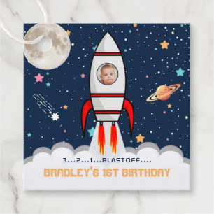 Astronaut Rocket Buitenspace 1ste verjaardag Foto Bedankjes Labels