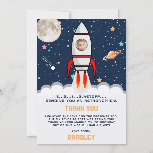 Astronaut Rocket Buitenspace 1ste verjaardag Foto Bedankkaart (Voorkant)