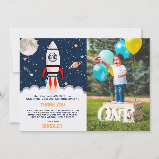 Astronaut Rocket Buitenspace 1ste verjaardag Foto Bedankkaart (Voorkant)