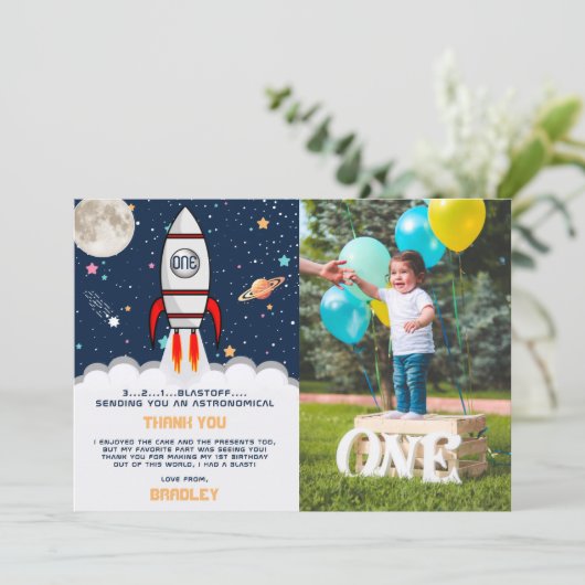 Astronaut Rocket Buitenspace 1ste verjaardag Foto Bedankkaart (Staand voorkant)