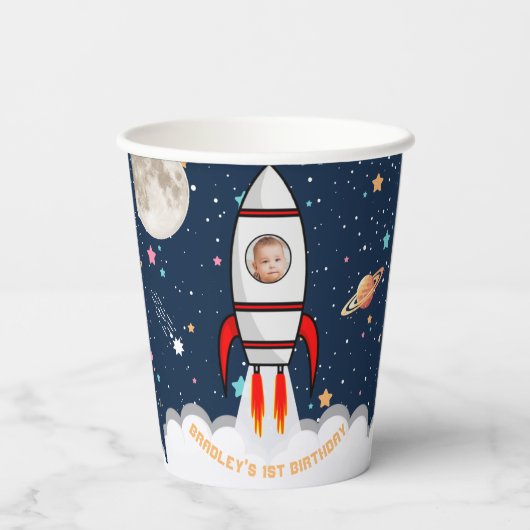Astronaut Rocket Buitenspace 1ste verjaardag Foto Papieren Bekers (Achterkant)