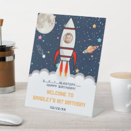 Astronaut Rocket Buitenspace 1ste verjaardag Foto Reclamebord Met Voetstuk