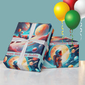 Astronaut Rocket Planets Jongens Verjaardag Kleurr Cadeaupapier